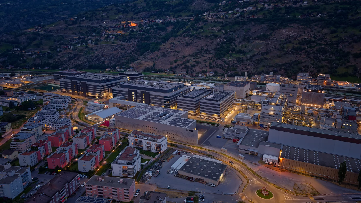 Exterior of the Lonza pharmaceutical manufacturing site in Visp