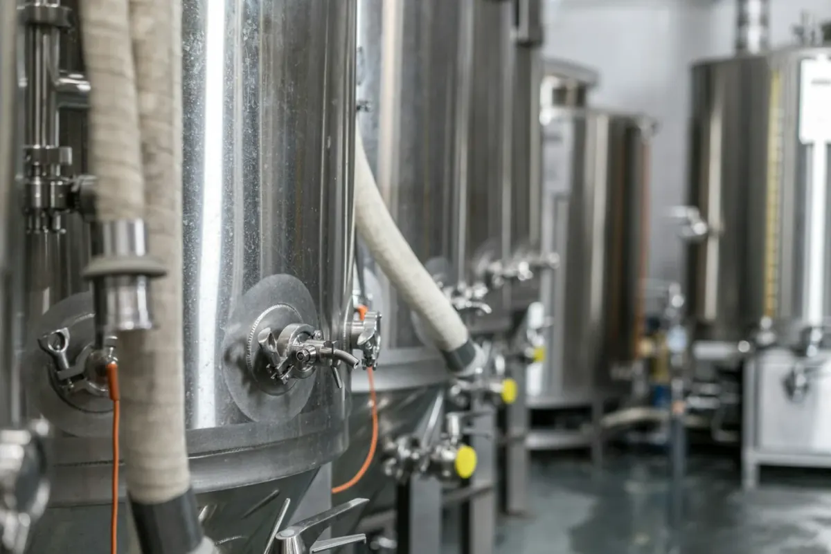 Brewery tanks with connected flexible transfer hoses
