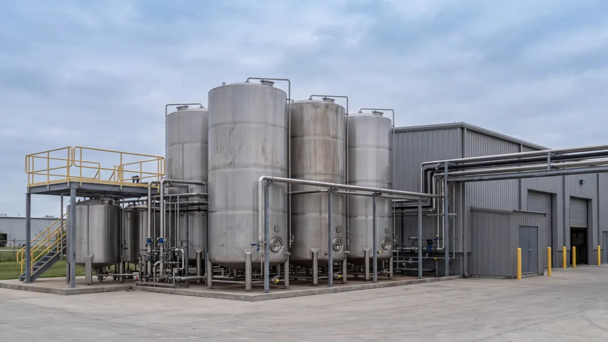Representative industrial processing facility with storage tanks and fluid-transfer pipework